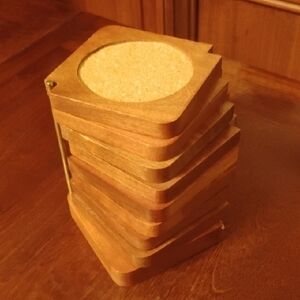 Vtg Kitchen Corner Wooden Coaster Set with Holder